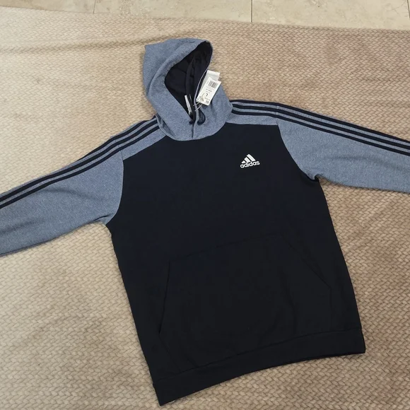 Adidas Hoodie Mens L Blue Black 3 Stripe Pullover Sweatshirt NWT Logo - Picture 10 of 12